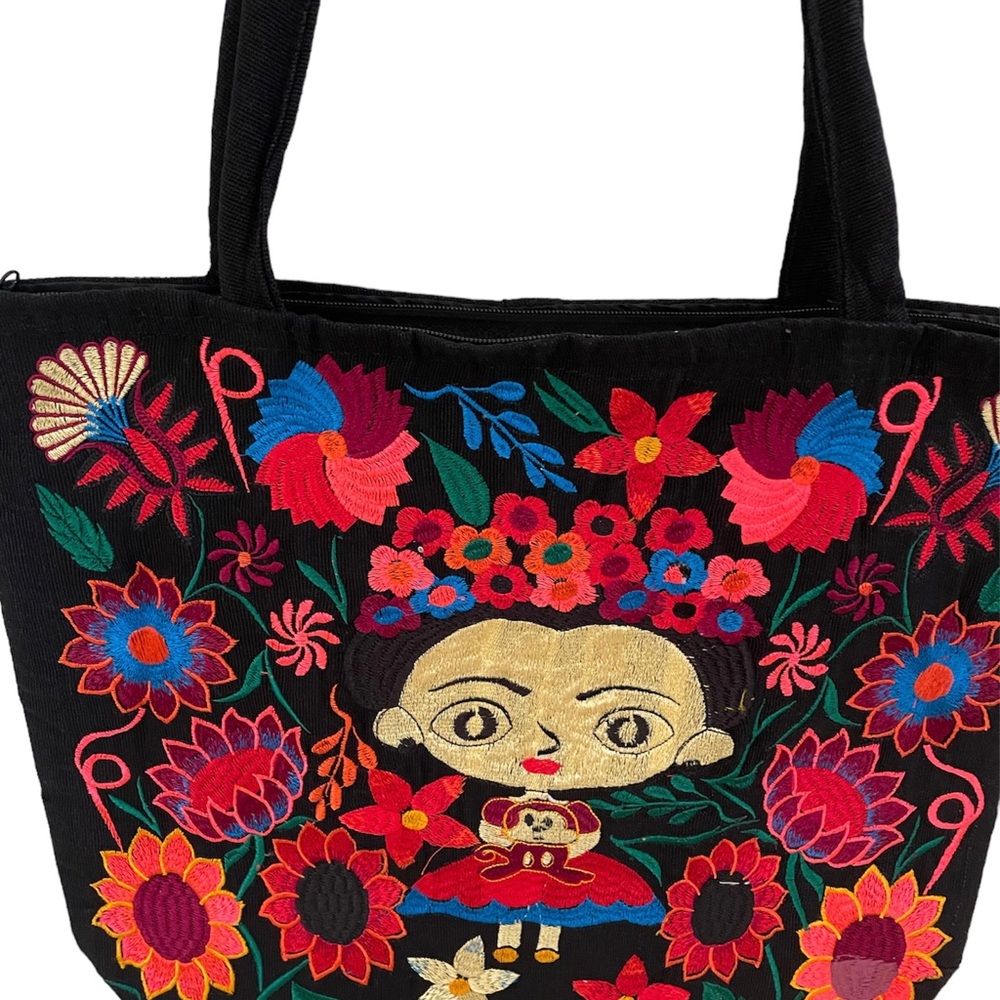 Cotton Black Tote, Little Frida Tote, Embroidered Tote, Mexican Embroidered Tote